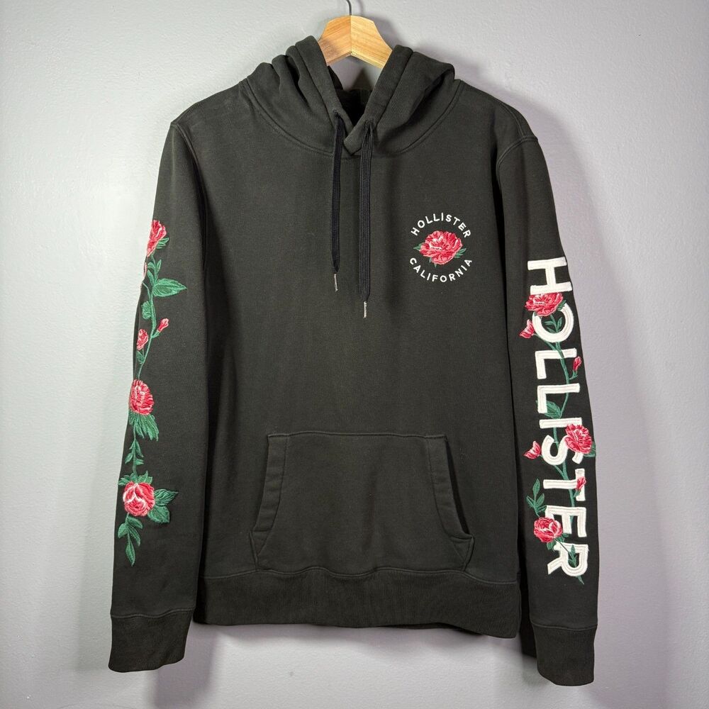Hollister Embroidered Rose Floral Hoodie Sweatshirt Unisex M Y2K Grunge Coquette